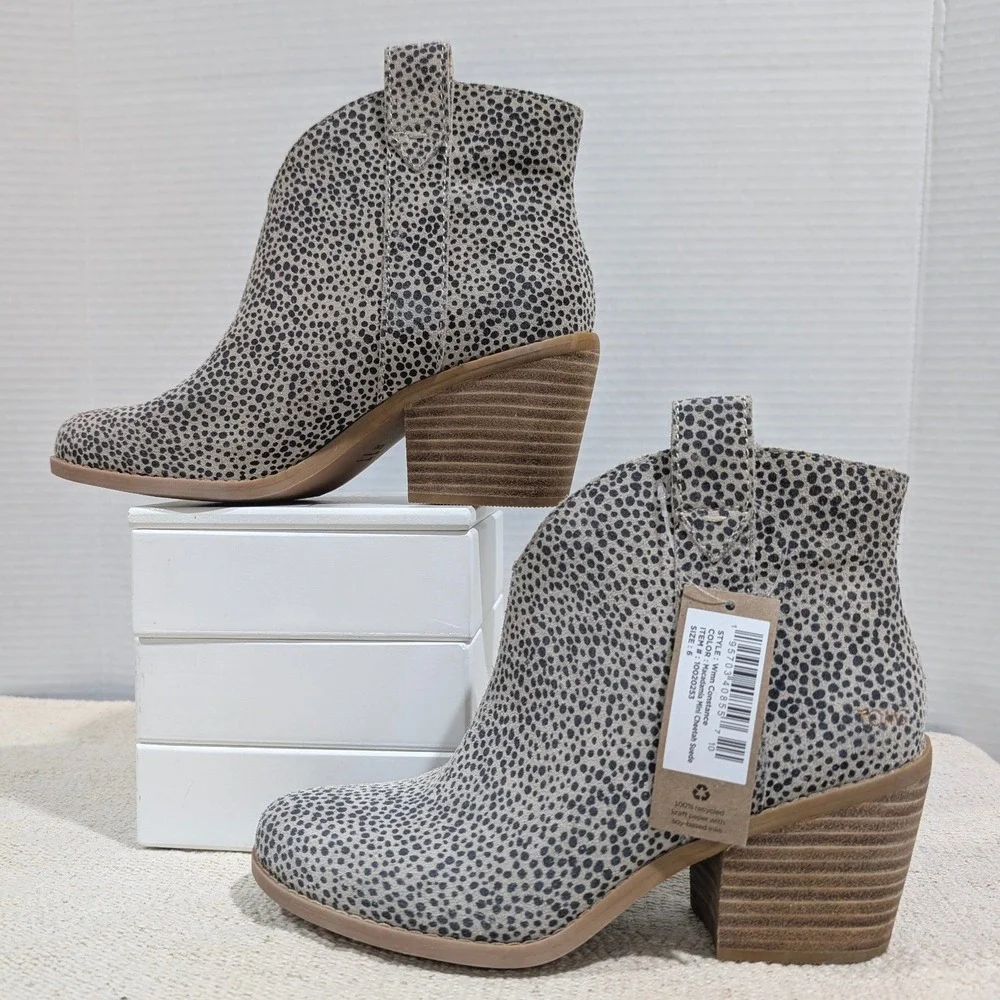 NEW Toms Boot 6 Constance Heeled Mini Cheetah Suede Ankle Boots Western‎ Vibe